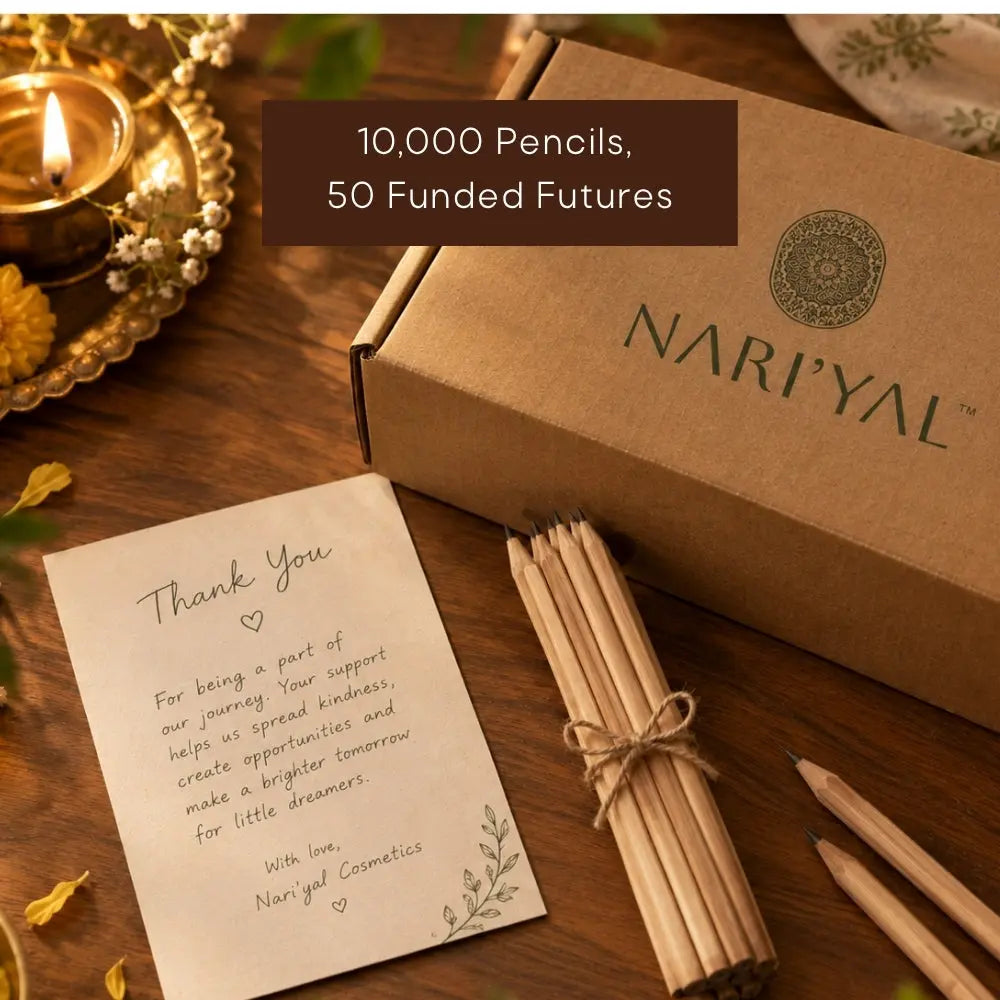 Diya, thank-you note, and pencils beside a Nari'yal box. Text: "10,000 Pencils, 50 Funded Futures."
