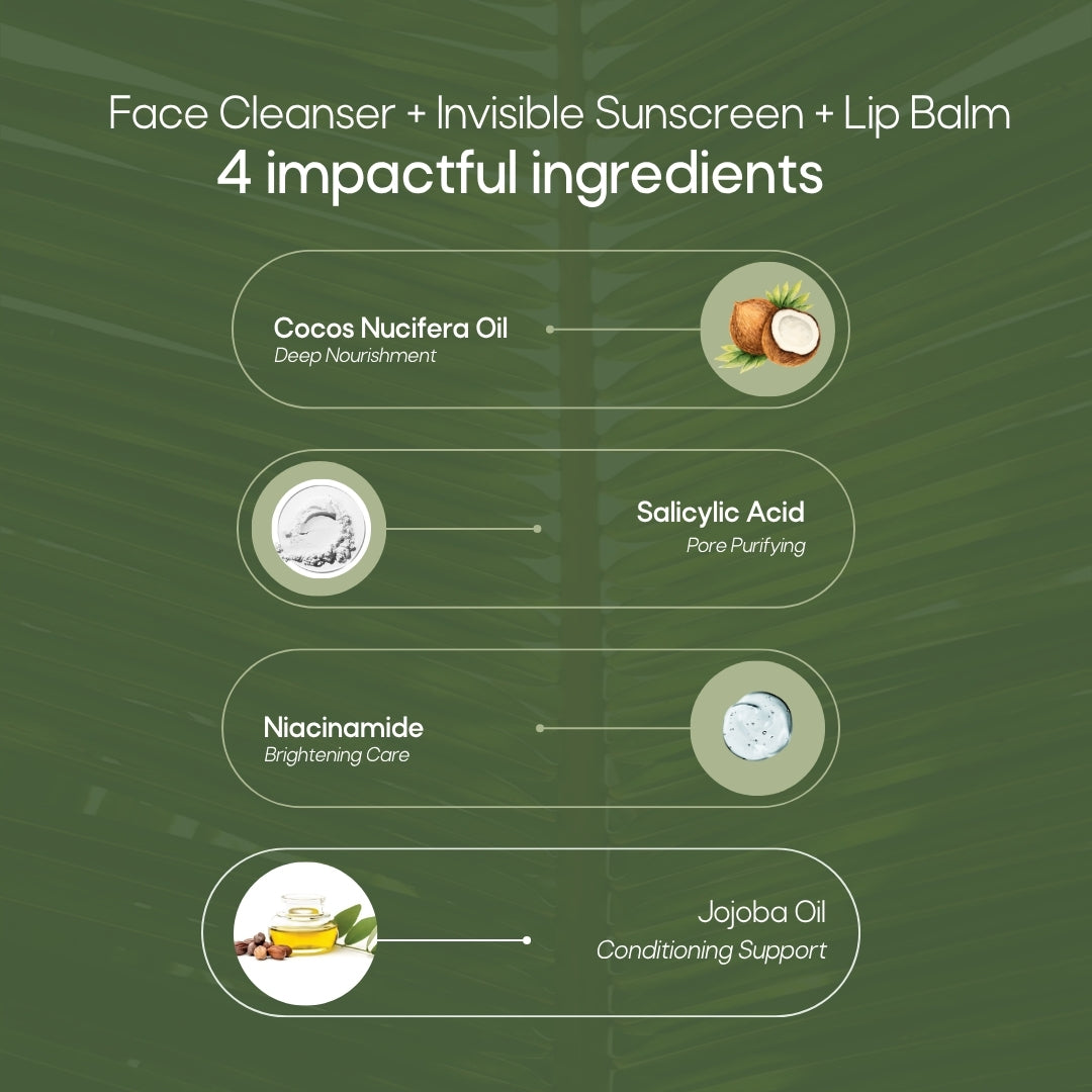 Cream of Coco Face Cleanser + Cream Of Coco Invisible Sunscreen + Cream of Coco Lip balm