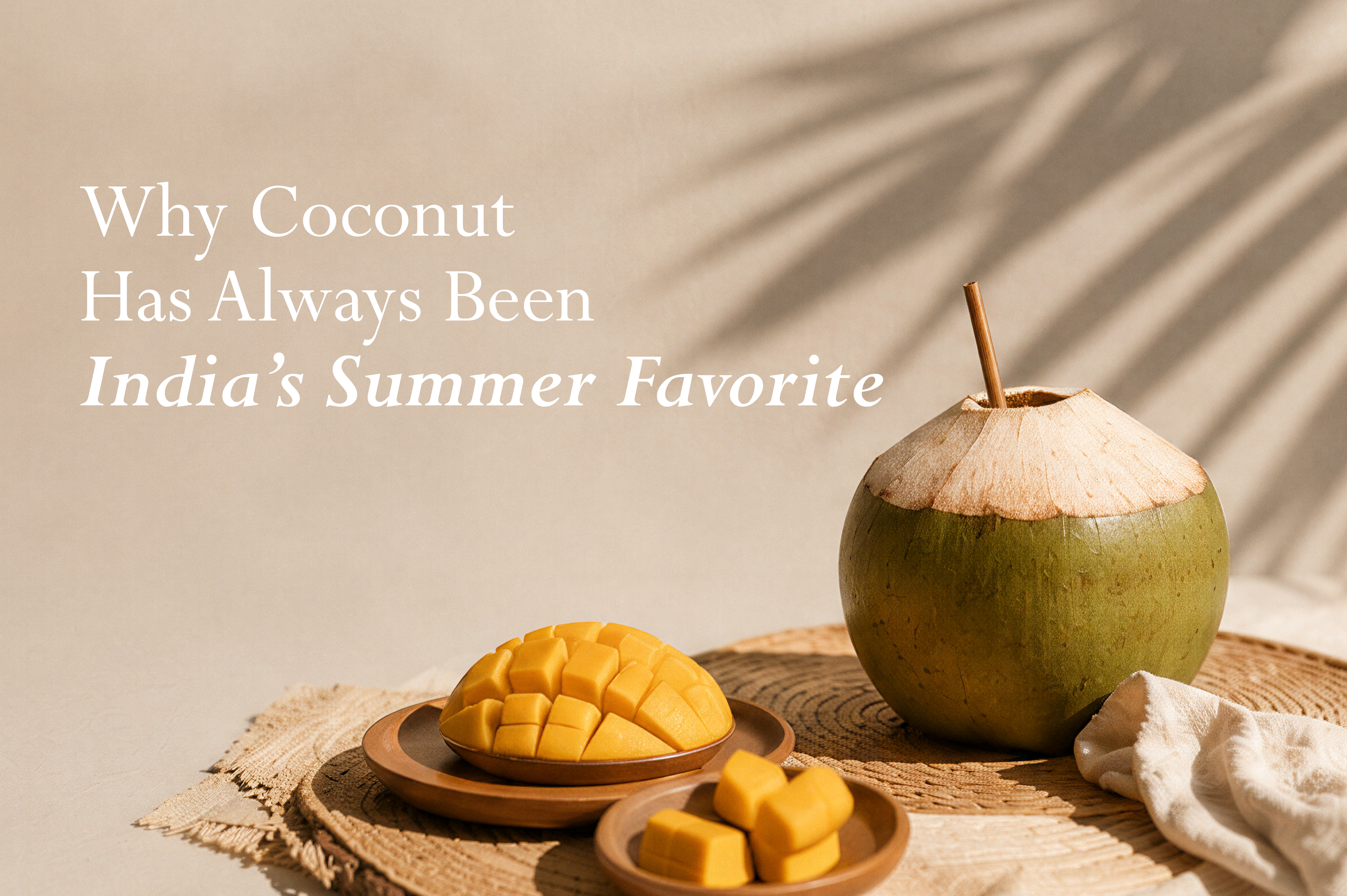 Whole coconuts and coconut water representing Indian summer traditions