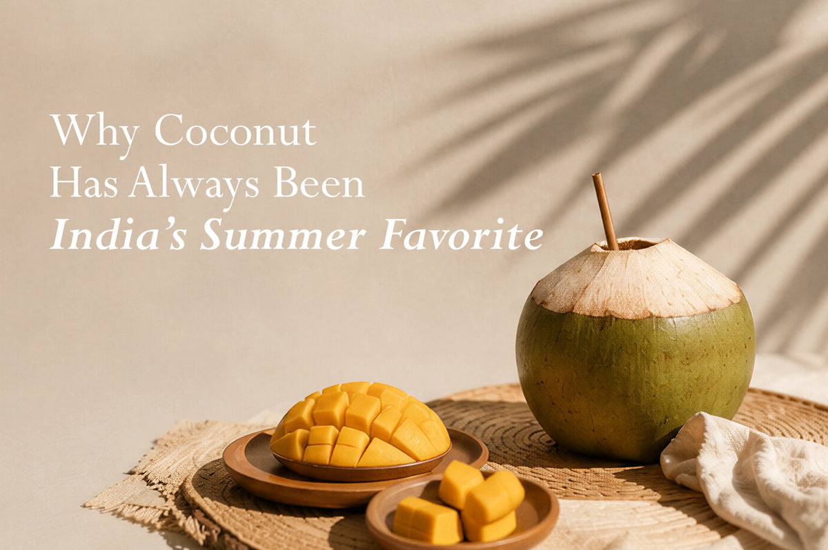 Whole coconuts and coconut water representing Indian summer traditions