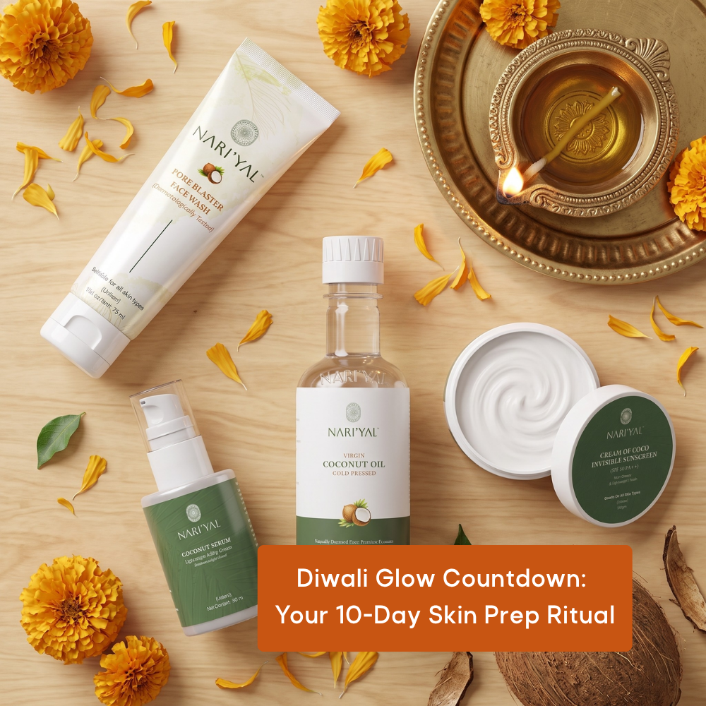 Nari'yal skincare products with marigolds and a lit diya for a Diwali skin prep ritual