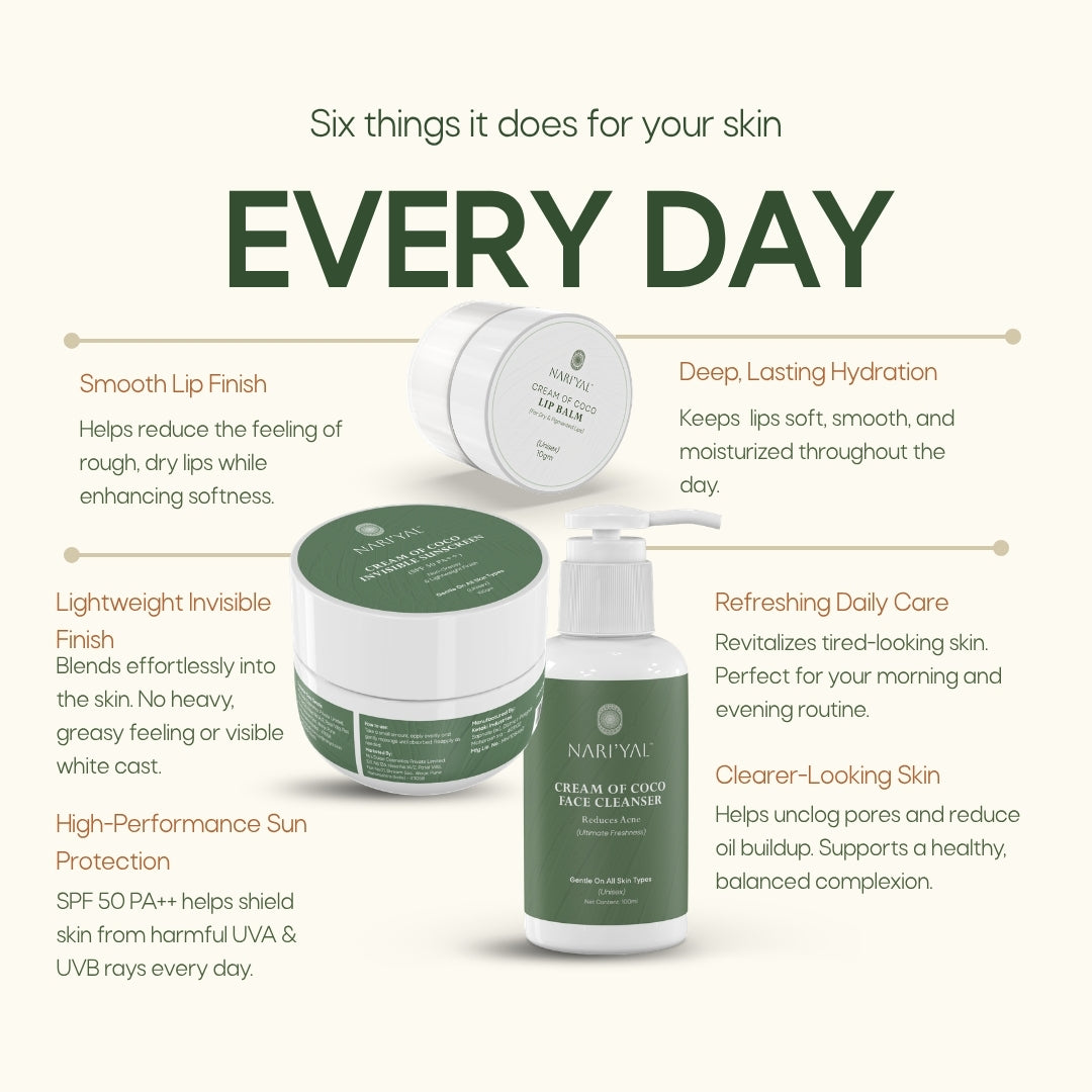 Cream of Coco Face Cleanser + Cream Of Coco Invisible Sunscreen + Cream of Coco Lip balm