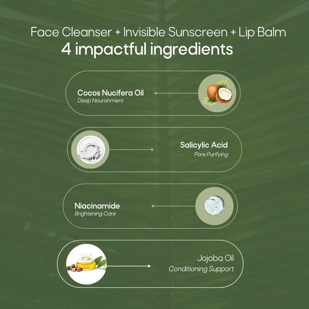 Face Cleanser + Invisible Sunscreen + Cream of Coco Lip balm